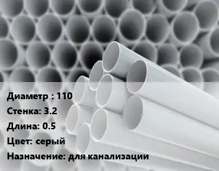 Труба ПВХ, поливинилхлорид 110 s=3.2 L=0.5 серый для канализации